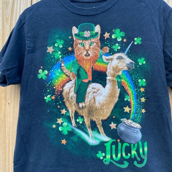 Y2K Rainbow Lucky Four Leaf Clover with Cat and Llama Graphic T Shirt Medium - Picture 2 of 3